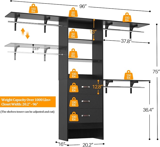Closet System with Drawer - 8FT Wood Closet Organizer System with 3 Hanging - Image 3