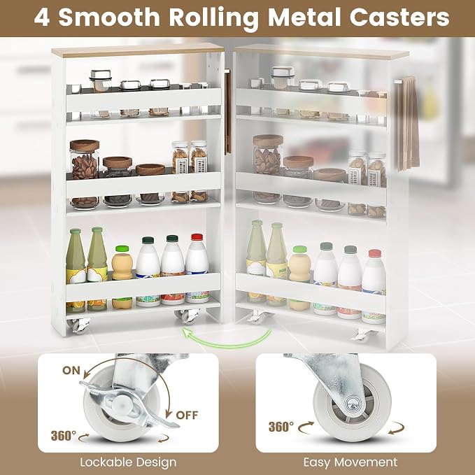 Slim Rolling Storage Cart, 4-Tier Kitchen Utility Carts on Wheels, Wood - Image 4