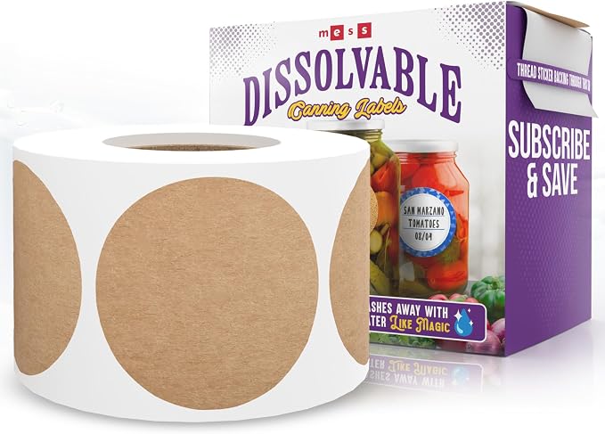MESS Dissolvable Canning Labels – 200 Kraft 2.5" Removable Mason Jar Stickers by MESS