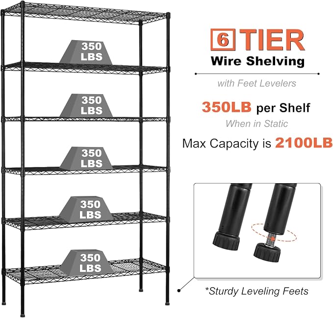 6-Tier Wire Shelving Unit with Wheels, 2100LBS Capacity NSF Certified - Image 3