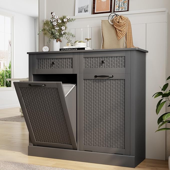 Double Tilt Out Laundry Hamper Cabinet, Rattan-Style Laundry Room Organization - Image 3