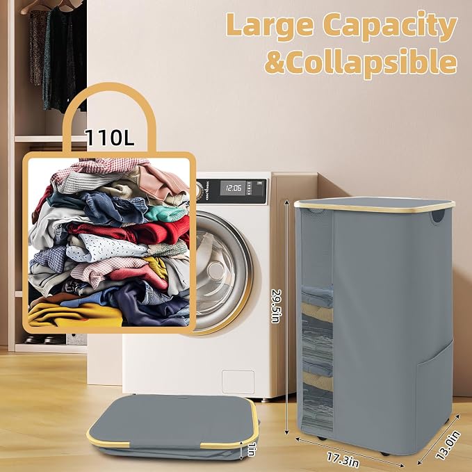 Rolling Laundry Hamper with Lid & Wheels, 110L Slim Double Grey Laundry Hamper - Image 2
