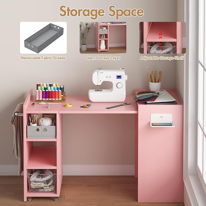 Folding Sewing Table, Wall Mount Sewing Machine Cabinet w/ Storage Shelves & - Image 4