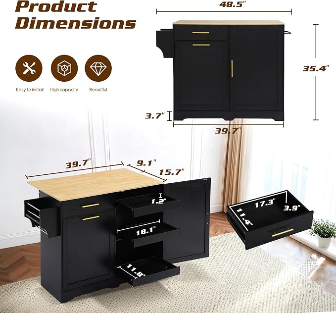 48" Kitchen Island with Trash Can Storage & Drop Leaf, Rolling Kitchen Island - Image 3