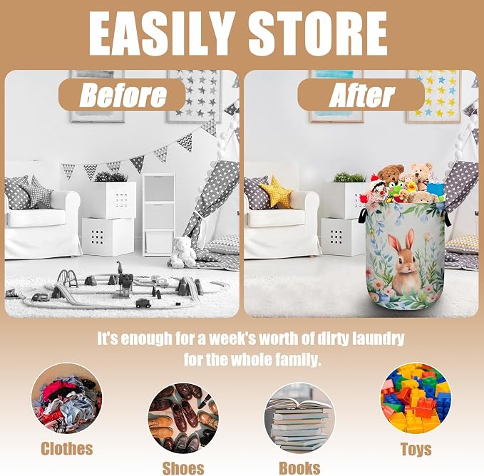 Easter Bunny Laundry Basket, Foldable Rabbit Flower Laundry Hamper Tote Bag - Image 3