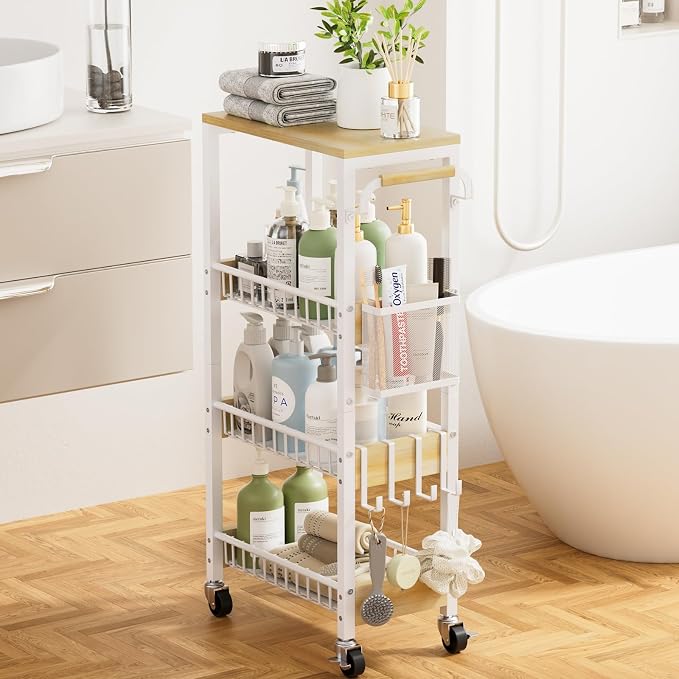 Slim Bathroom Storage Cart, 4 Tier Small Rolling Organizer Cabinet by DTUQYX