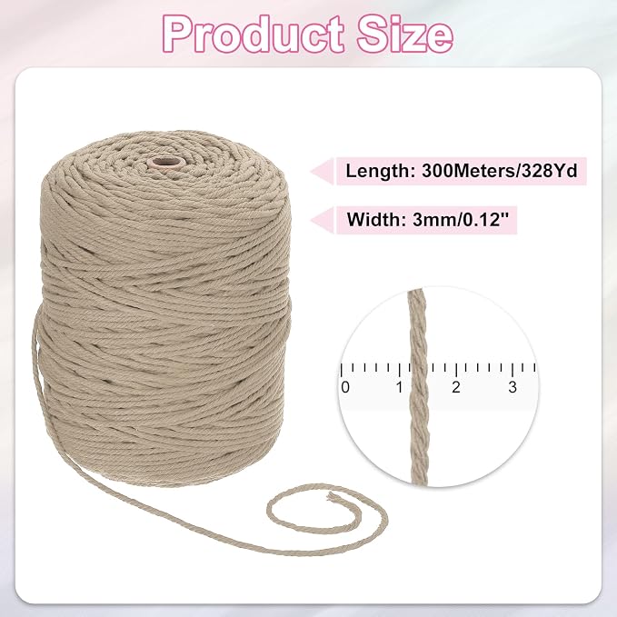 HARFINGTON Natural Macrame Cord 3mm x 328 Yards 4 Strand Twisted Cotton Macrame - Image 2