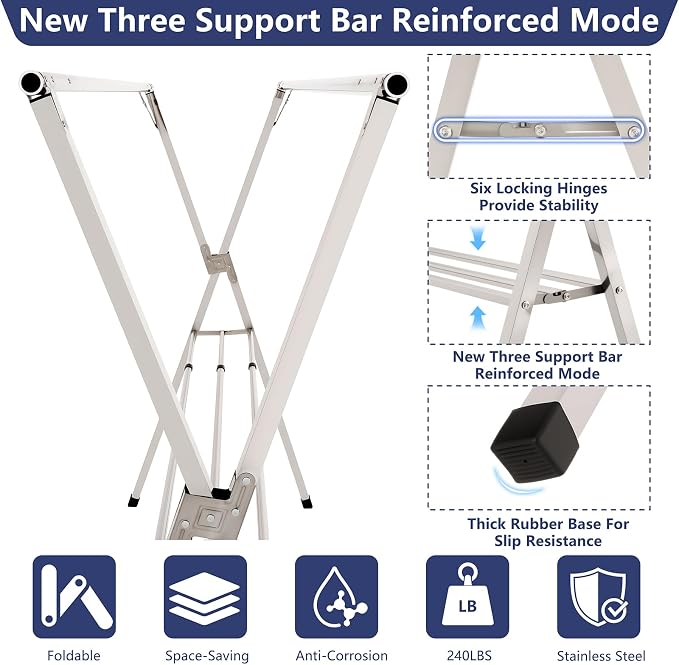95 inches foldable clothes drying rack, heavy duty stainless steel laundry - Image 5