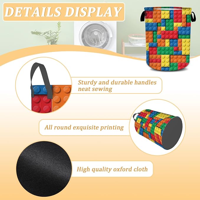 Colorful Building Blocks Laundry Basket, Bricks Laundry Hamper, Oxford - Image 6
