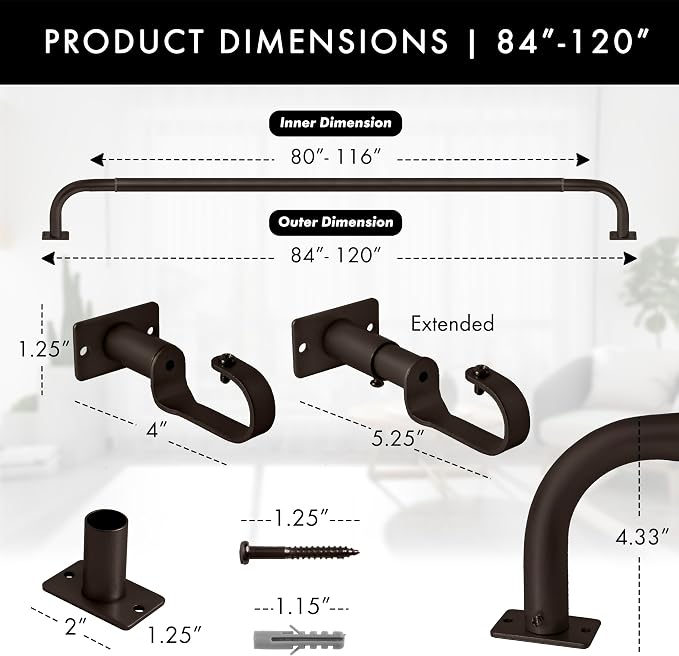 Meriville 1-Inch Diameter Wrap Around Blackout Curtain Rod, 84-Inch to 120-Inch - Image 2