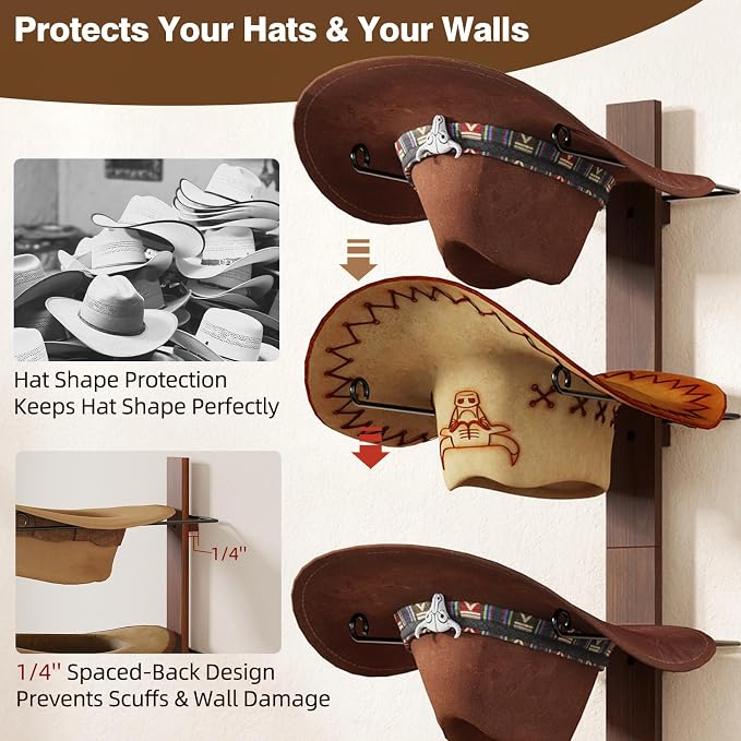 Cowboy Hat Holder, 3-Piece Wall Mount Cowboy Hat Rack - Image 2