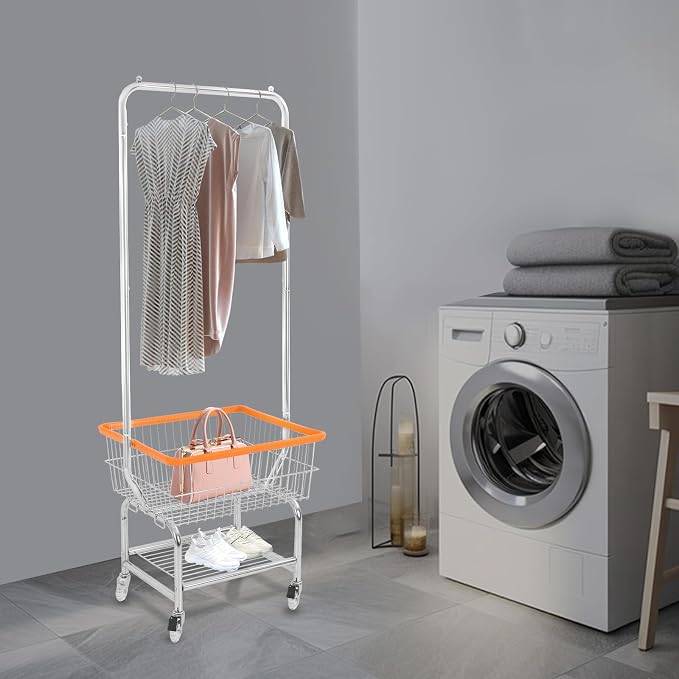 Wire Laundry Cart with Wheels & Hanging Rack, Heavy Duty Rolling Laundry Basket - Image 2
