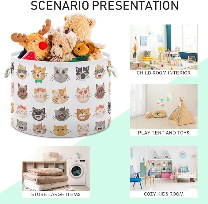 Cat Face Print Round Storage Basket Cute Kitten Large Laundry Hamper 20 x 20 x - Image 3