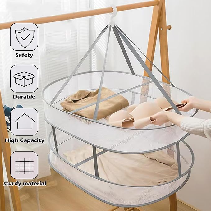 2 Tier Clothes Drying Rack Foldable, 31.5" Mesh Clothes Hanging Dryer, Space - Image 2