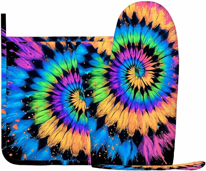 Mxocom Tie Dye Heat-Resistant Oven Mitts and Pot Holder Hand Drawn Rainbow - Image 2