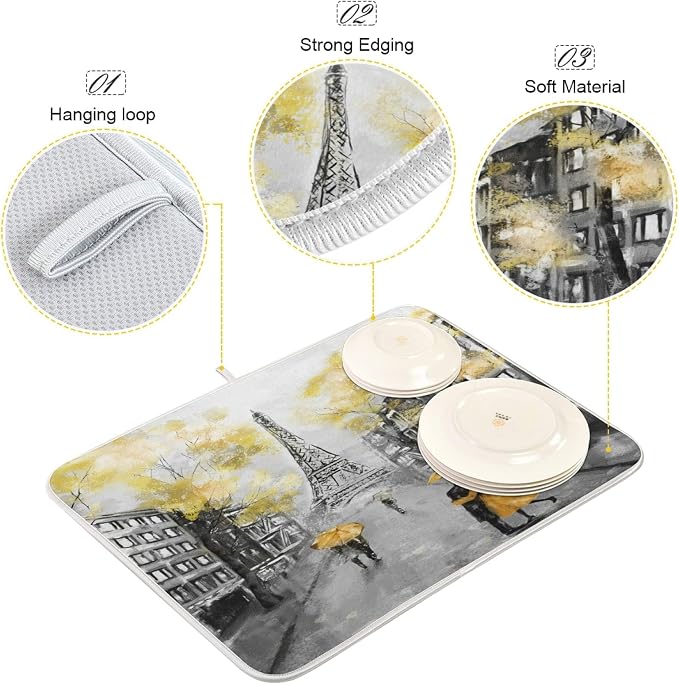 Stylish Romantic Paris Streetscape Eiffel Tower Painting Absorbent Dish Drying - Image 3