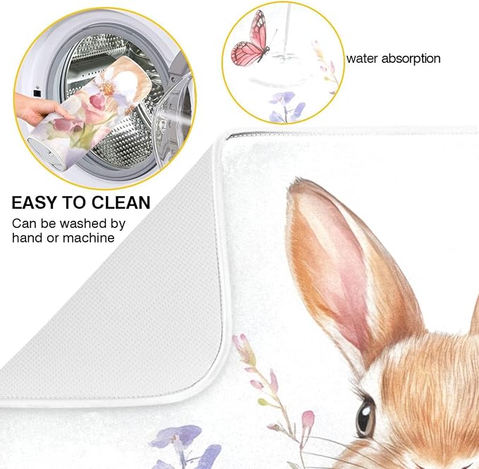 Cute Bunny and Blooming Flowers Dish Drying Mat Super Absorbent Drying Mat - Image 2