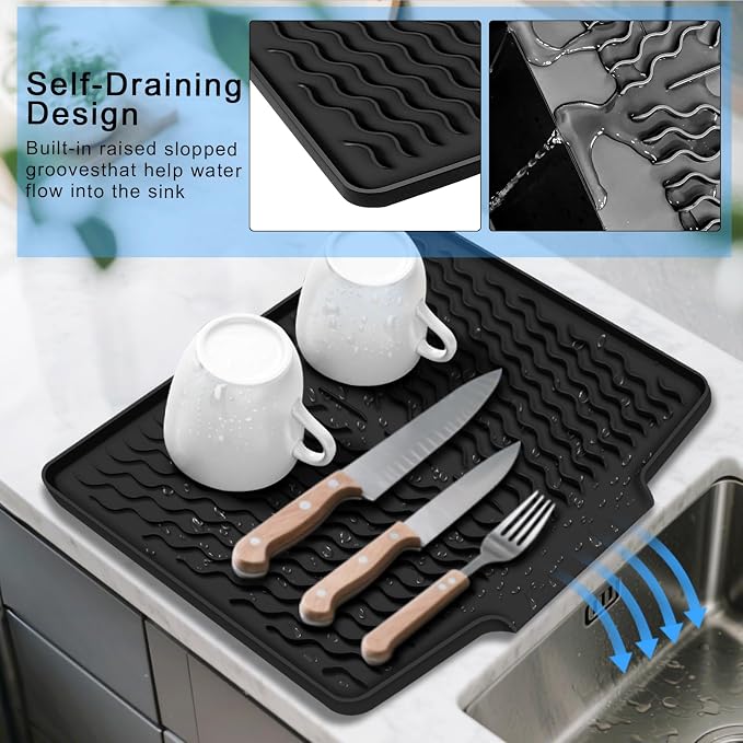 Silicone Dish Drying Mat with Drain Lip 16" x 13" Dish Drying Pad, Drain Mats - Image 3