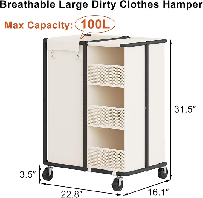 WOWLIVE Laundry Sorter with Wheels 100L Rolling Laundry Hamper with Hanging and - Image 3