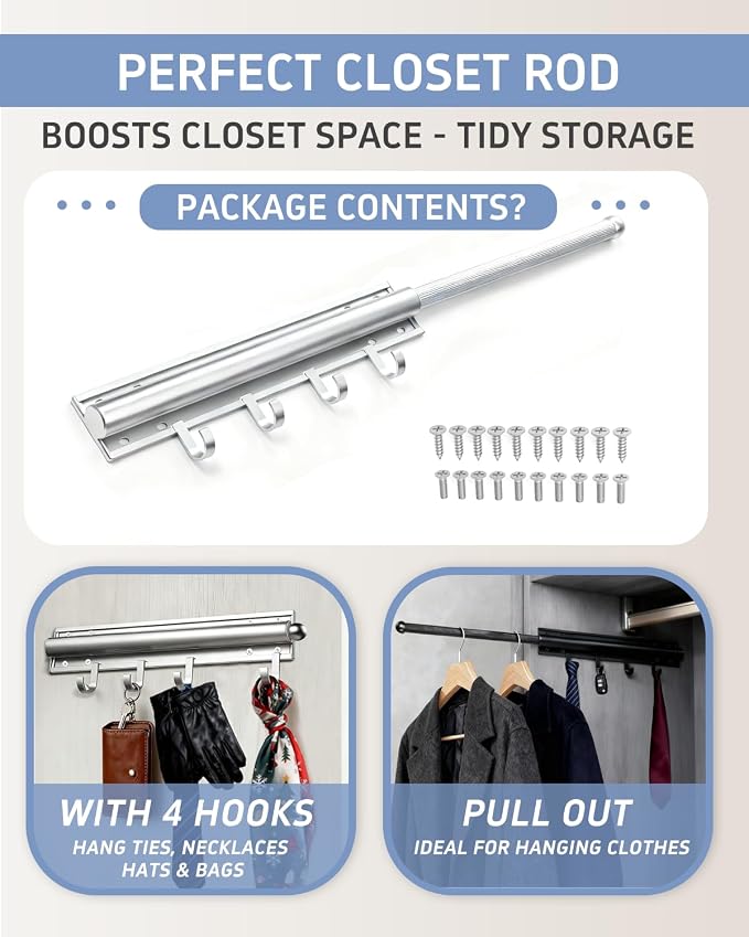 Aluminum Valet Rod, 12 in Heavy Duty Pull Out Closet Valet Rod - Image 4
