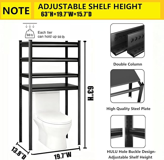 Over The Washer and Dryer Storage Shelf, Height-Adjustable 4-Tier Metal - Image 2