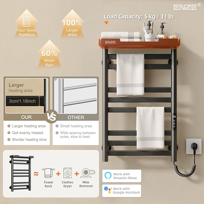 ENZE Smart Heated Towel Rack, 8-Bar Wall-Mounted Electric Towel Warmer - Image 4