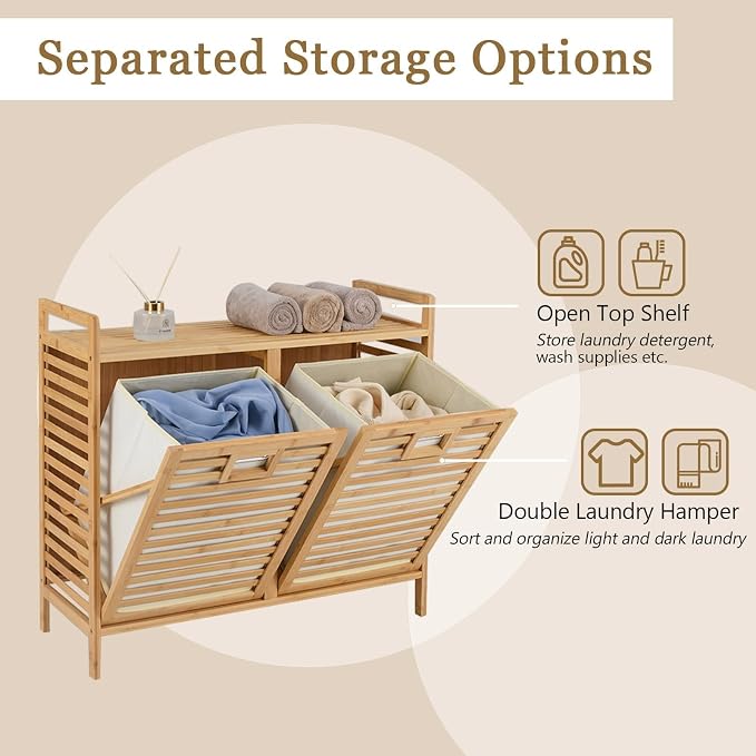 Bamboo Laundry Hamper, 75L Double Tilt-Out Laundry Basket - Image 3
