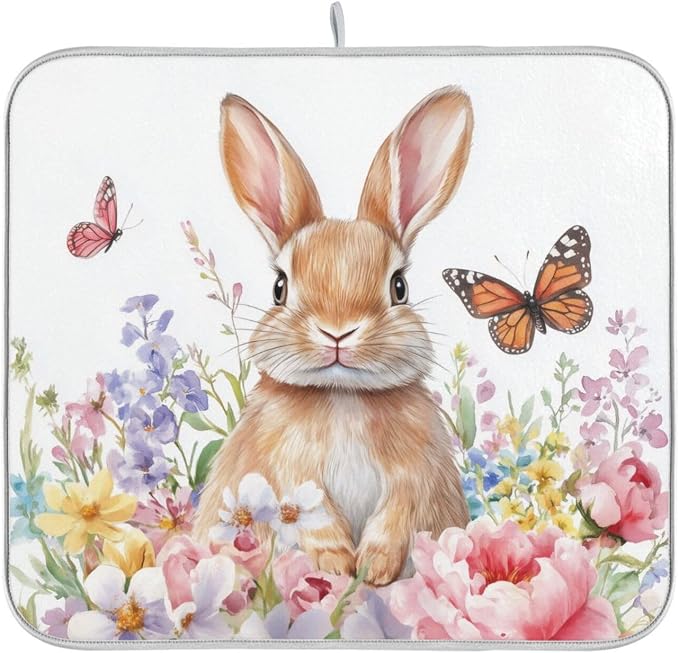 Cute Bunny and Blooming Flowers Dish Drying Mat Super Absorbent Drying Mat - Image 8