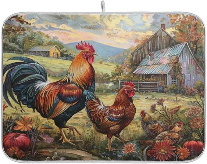 Beautiful Rural Farm Rooster Cocks Painting Absorbent Dish Drying Mat by Unknown