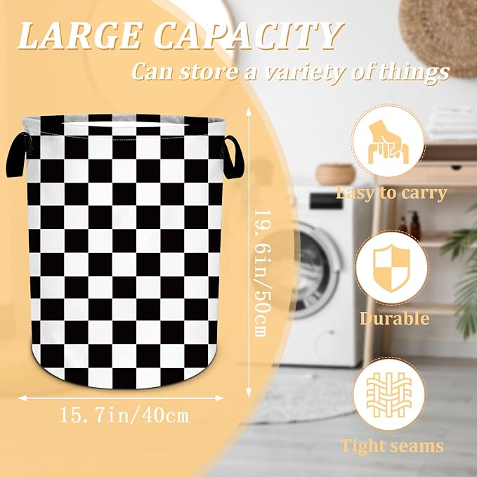 Black and White Checkered Laundry Basket, Checkerboard Laundry Hamper Foldable - Image 2