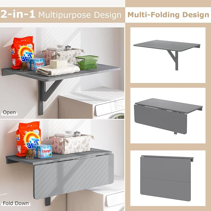 Giantex Wall Mounted Folding Table, 31.5" x 23.5" Wood Murphy Desk Drop-Leaf - Image 5