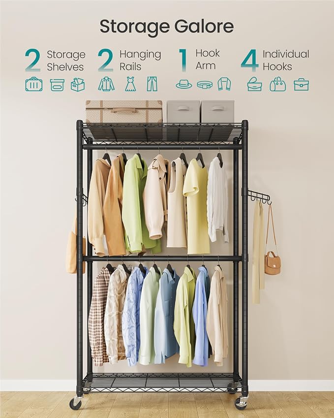 SONGMICS Heavy-Duty Rolling Clothes Rack, Garment Rack, Portable Closet on - Image 7