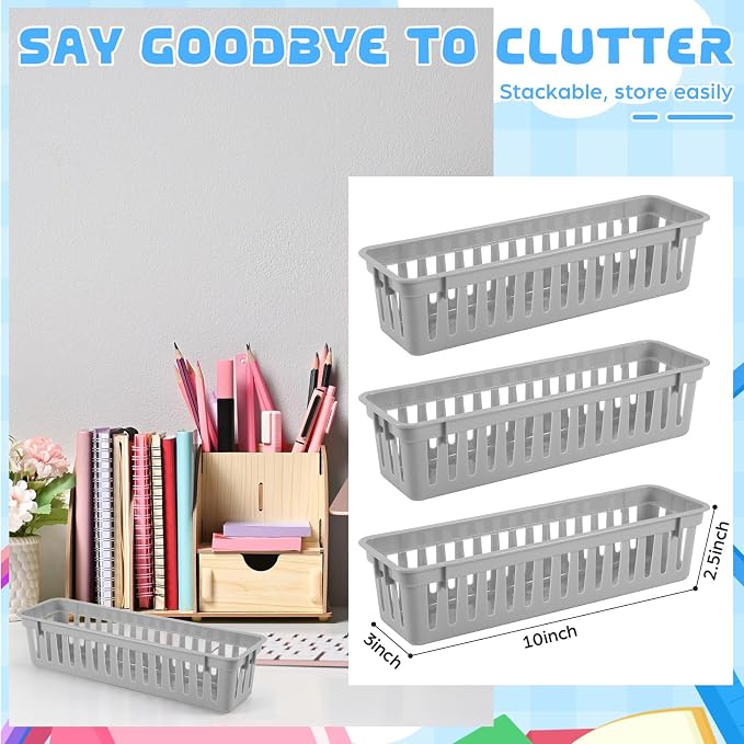 12 Pcs Gray Slim Plastic Storage Baskets Tray 10 x 3 x 2.5 Inch Compact - Image 2