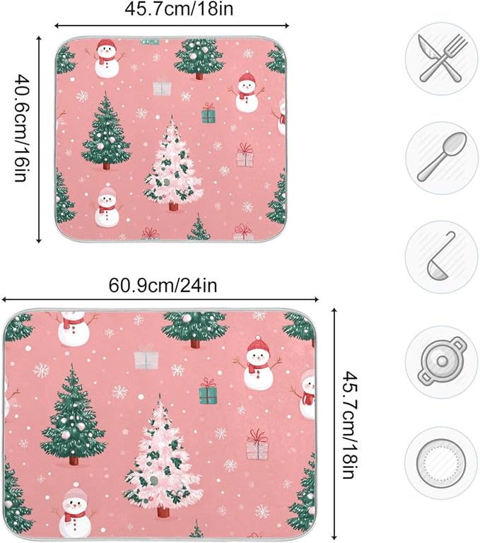 Christmas Tree with Snowman Dish Drying Mat Super Absorbent Drying Mat 16x18 - Image 3