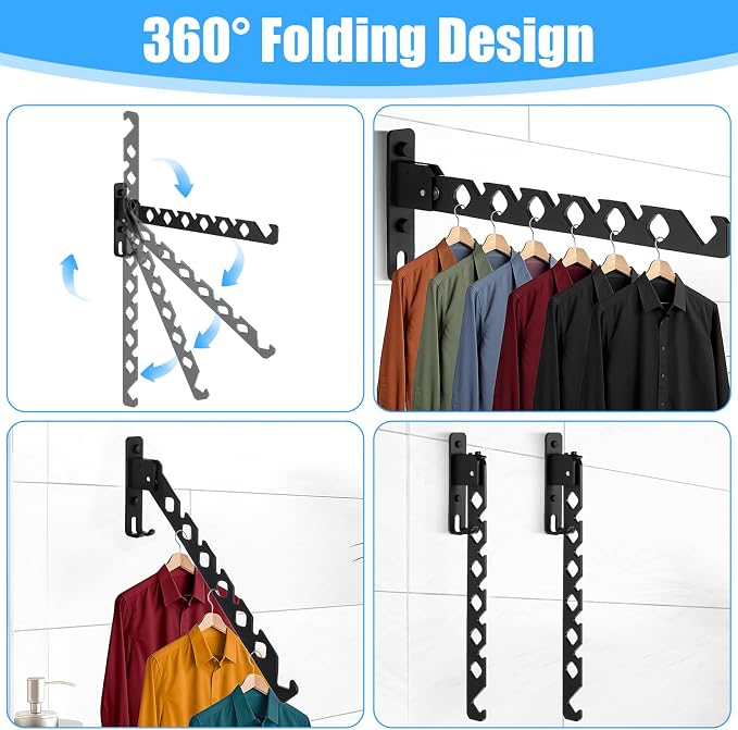 3 Pack Black Wall Mount Coat Hanger Holder, Retractable Folding Clothes Hanging - Image 2