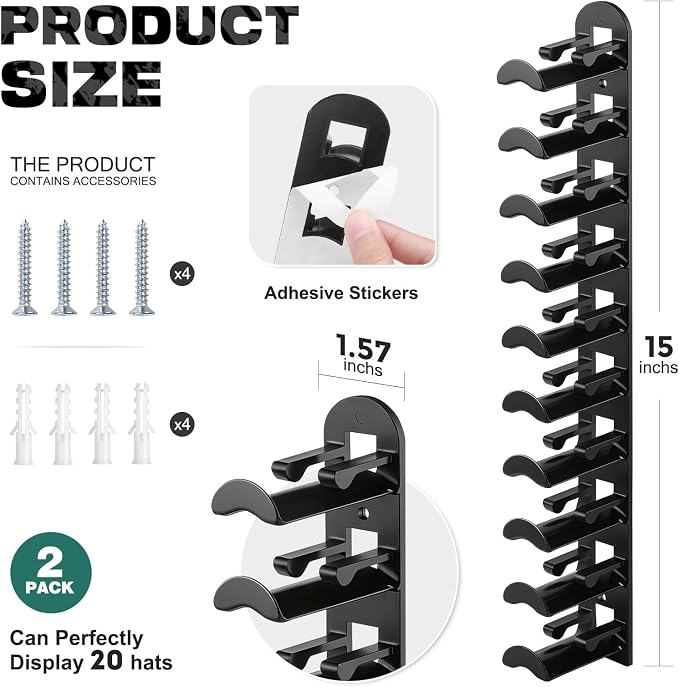Hat Hook for Wall, 2 Pack Hat Organizer Hold up to 20 Hats, Hat Holder - Image 2
