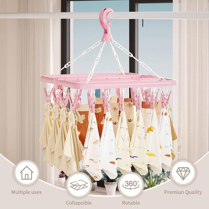 Clothes Drying Rack with 32 Clips, Foldable Hanging Rack, 360° Rotatable Hook - Image 6