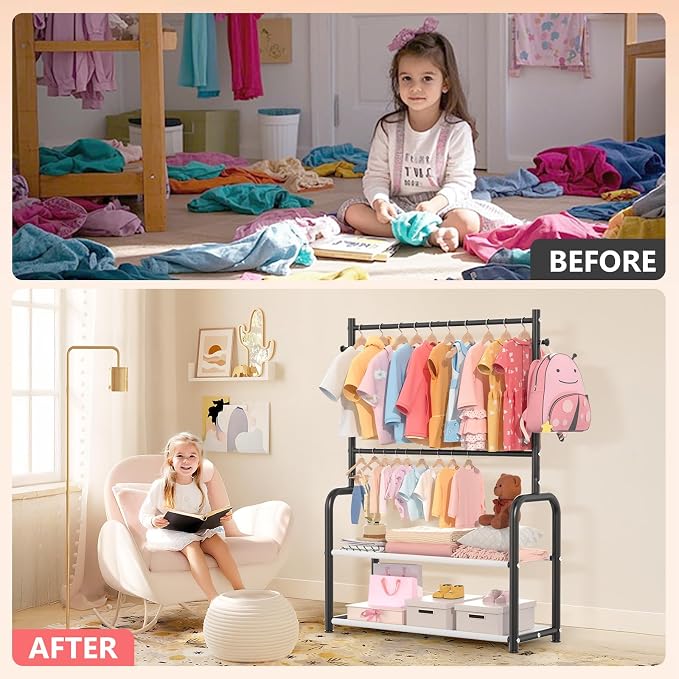 Kids Clothing Rack with 2-Layer Storage Shelf and 2 Adjustable Hanging Rods - Image 7