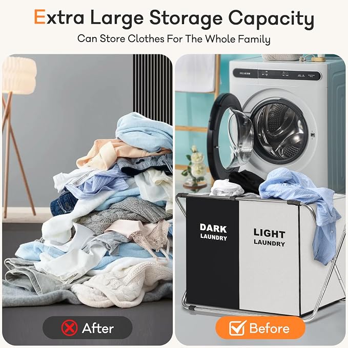 Laundry Cloth Hamper Sorter Basket Bin Foldable 2 Sections - Image 5