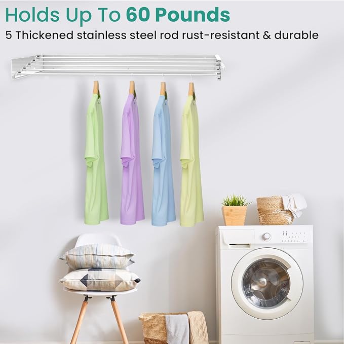 Upgrade 6 Knob Wall Mounted Clothes Drying Rack, Foldable Collapsible, Clothing - Image 8
