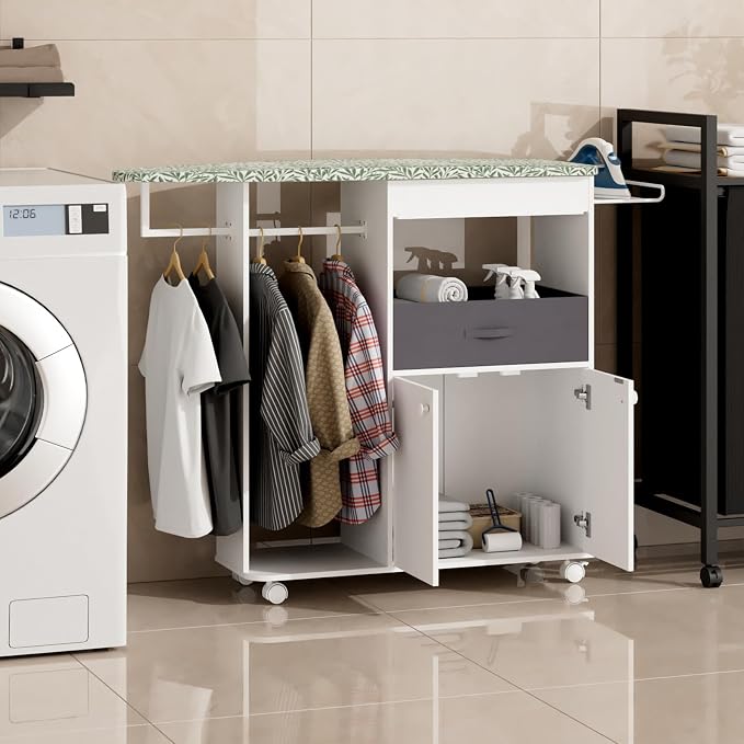 Rolling Ironing Board with Storage Cabinet, Wooden Ironing Board Cabinet with - Image 3