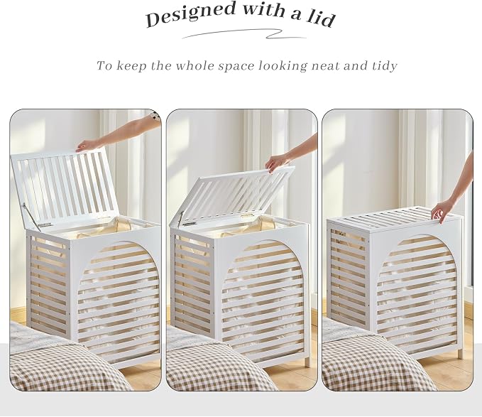 Laundry Hamper with Lid, Bamboo Clothes Laundry Basket with Handles, Removable - Image 7