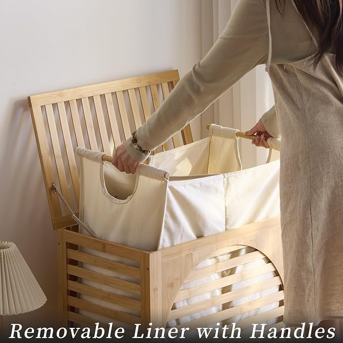 Laundry Hamper with Lid, Bamboo Clothes Laundry Basket with Handles, Removable - Image 4