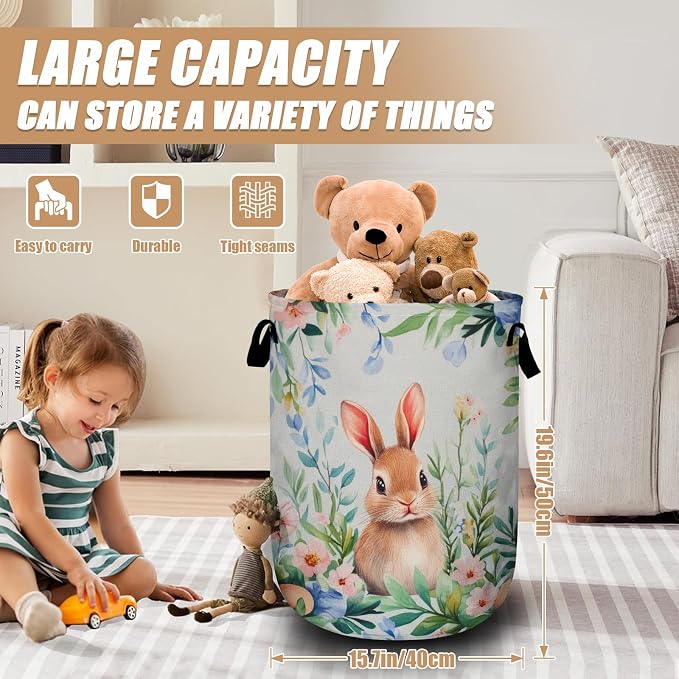 Easter Bunny Laundry Basket, Foldable Rabbit Flower Laundry Hamper Tote Bag - Image 2