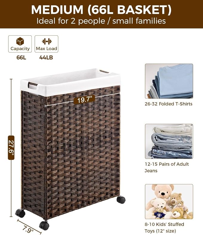 Greenstell Laundry Hamper with Wheels, 17.4 Gallon Slim Laundry Basket with 2 - Image 4