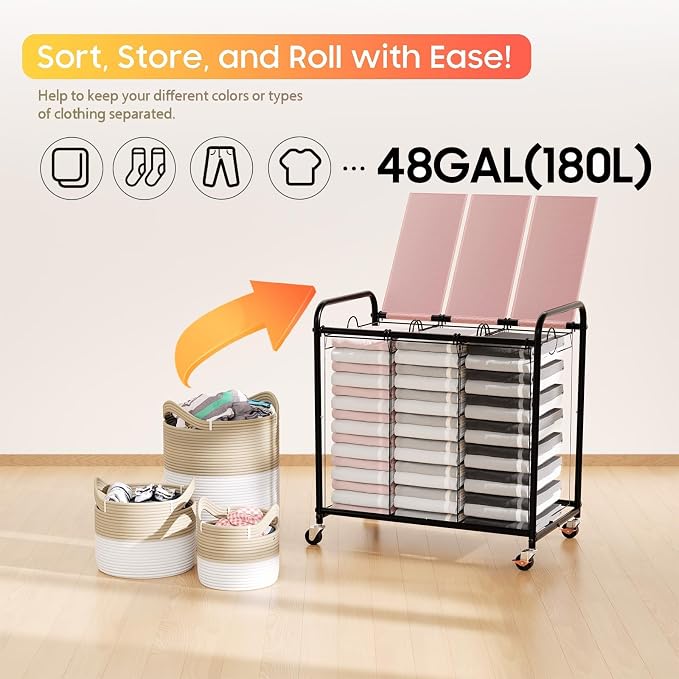 180L Laundry Sorter 3 Section, Rolling Laundry Basket - Image 6