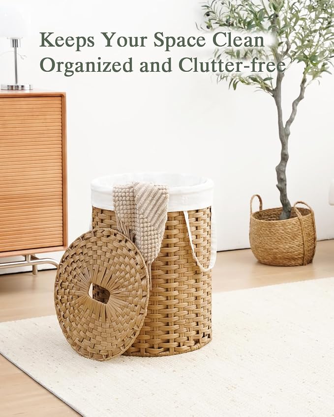 Laundry Hamper with Lid 23.8 Gal Round Laundry Basket with Lid Handwoven - Image 7