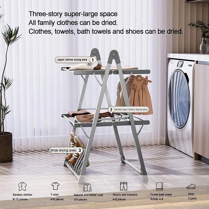 Heated Electric Clothes Dryer 2 Tier Adjustable Airer, Aluminium Foldable - Image 4