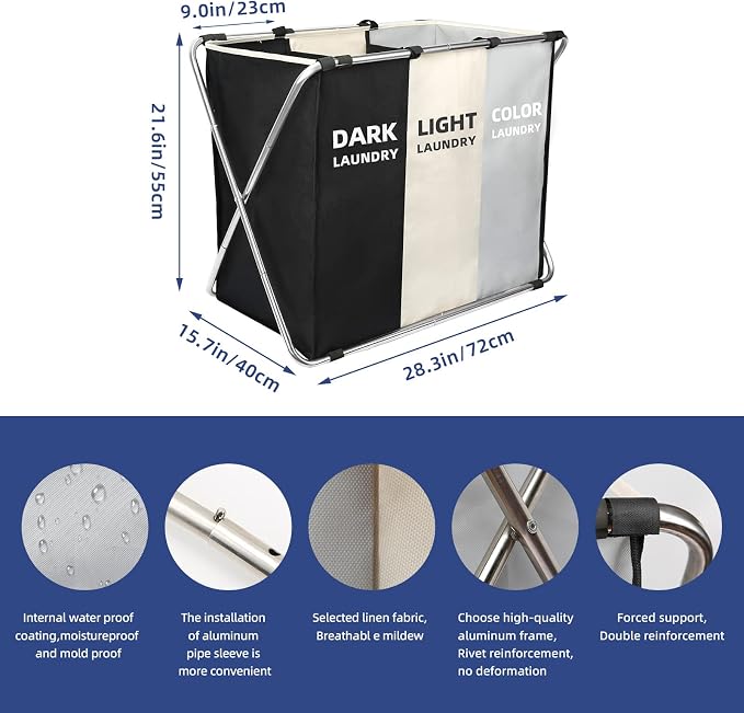 135L Laundry Cloth Hamper Sorter Basket Bin Foldable 3 Sections - Image 2