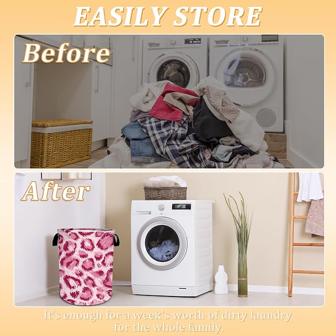 Pink Leopard Print Laundry Basket, Animal Skin Laundry Hamper Foldable - Image 3
